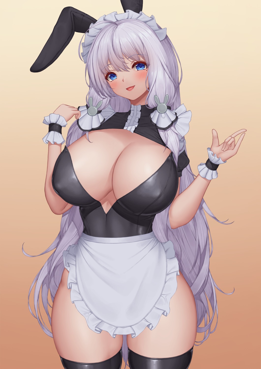 animal_ears azur_lane bunny_ears erect_nipples illustrious_(azur_lane) maid no_bra pinkcap thighhighs