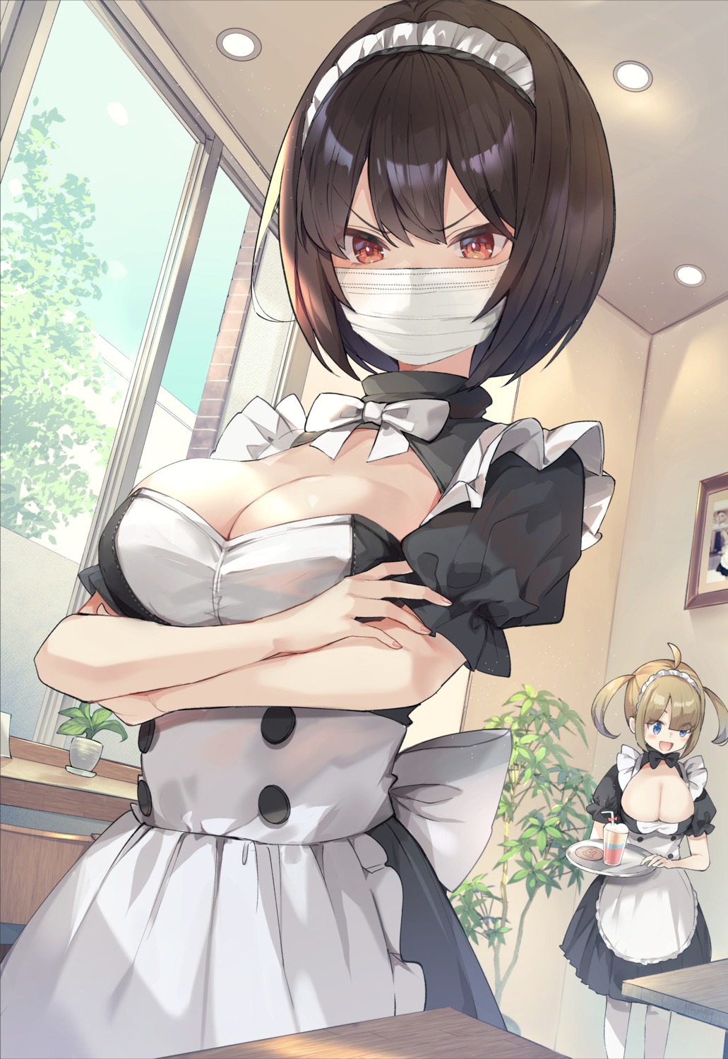 breast_hold cleavage maid masco no_bra waitress