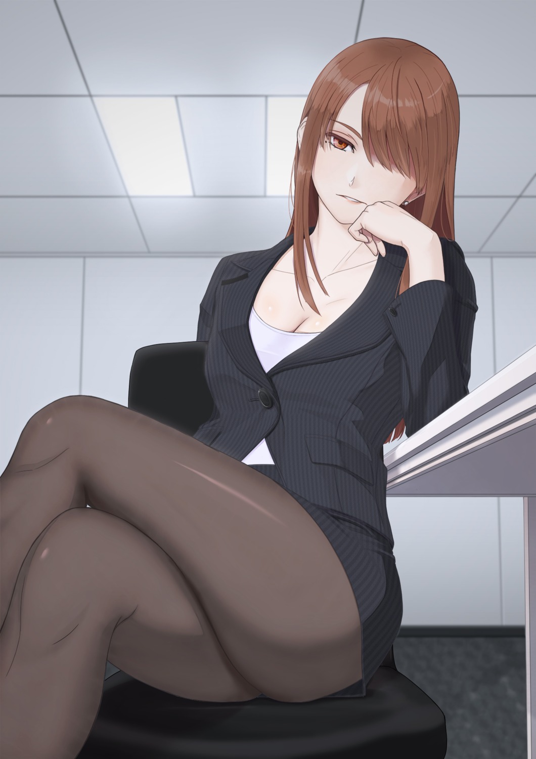 business_suit cleavage pantyhose skirt_lift tagme