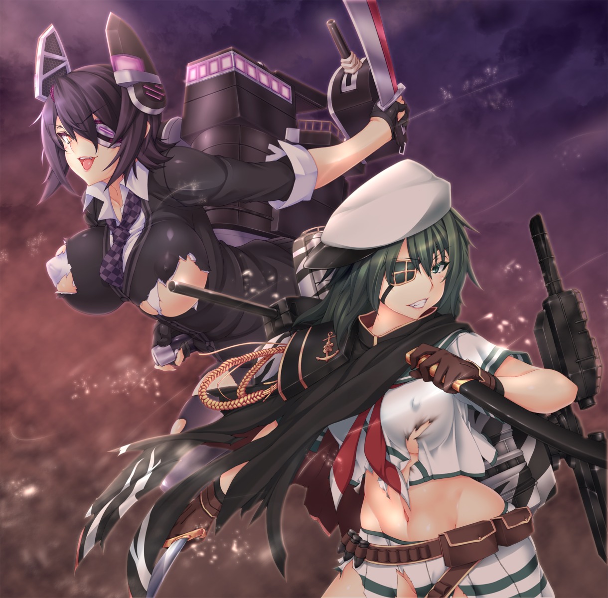 erect_nipples eyepatch kantai_collection kiso_(kancolle) no_bra nopan seifuku sword tenryuu_(kancolle) thighhighs torn_clothes underboob yui.h