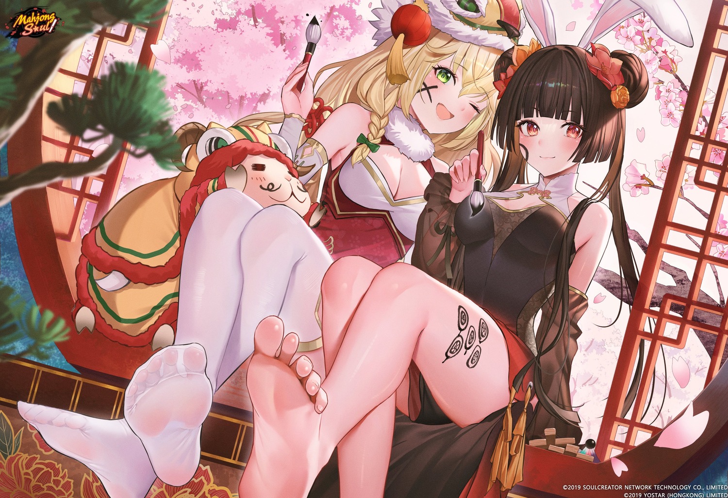 animal_ears asian_clothes bunny_ears eliisa feet kaguyahime_(majsoul) majsoul sanada_keisui tattoo thighhighs