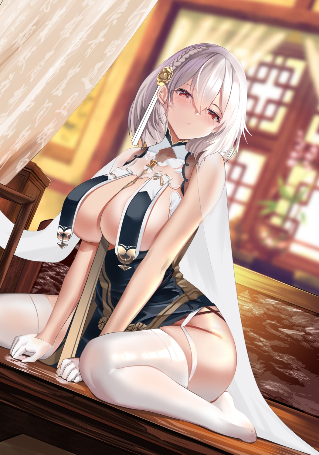 asian_clothes asuo azur_lane no_bra sirius_(azur_lane) stockings thighhighs