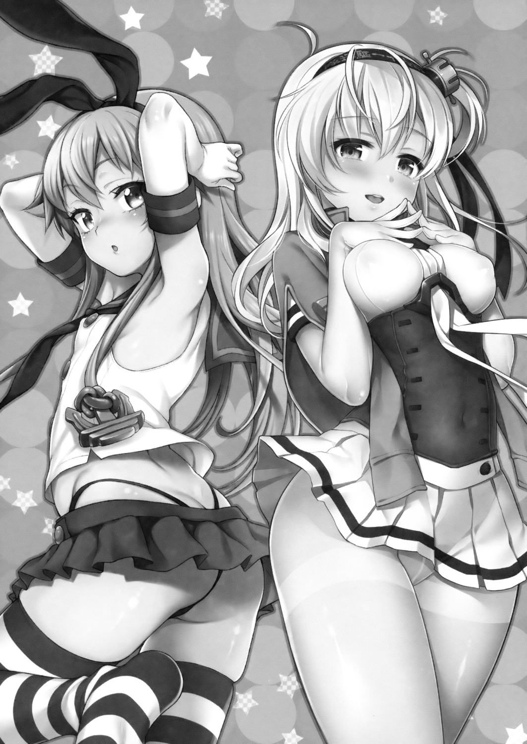 areola ass breast_hold erect_nipples kantai_collection monochrome no_bra pantsu pantyhose sasachin see_through seifuku shimakaze_(kancolle) suzutsuki_(kancolle) thighhighs thong uousaoh