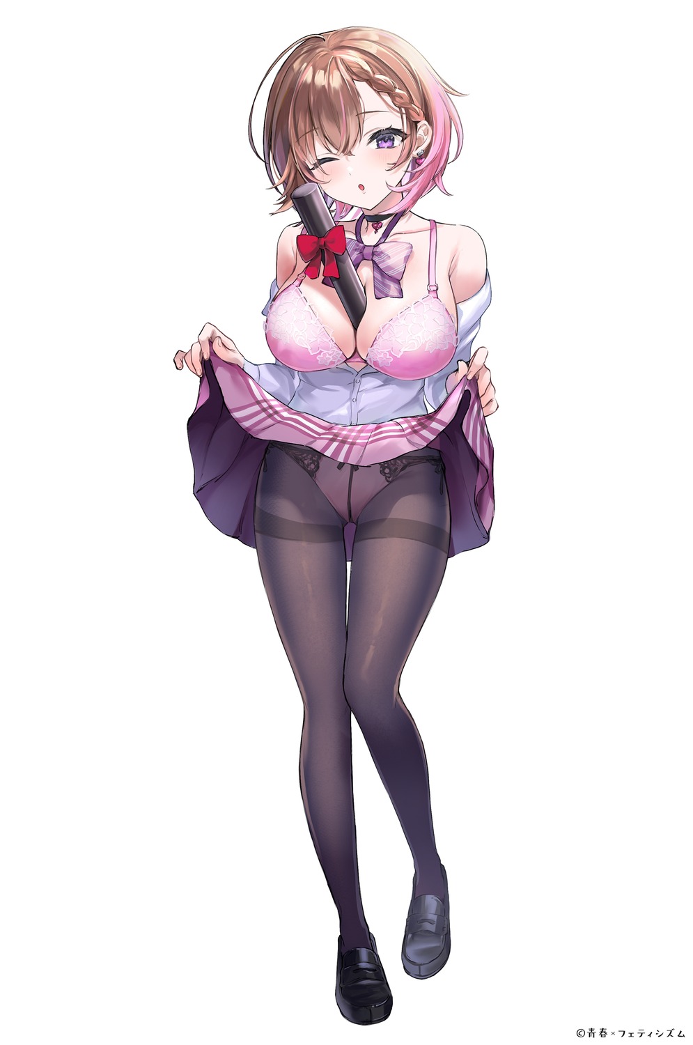 bra nekoyashiki_pushio open_shirt pantsu pantyhose seifuku skirt_lift