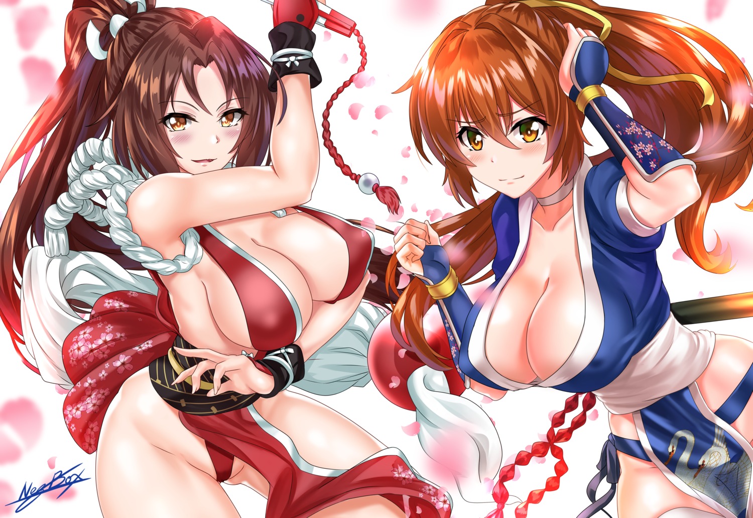 cleavage crossover dead_or_alive erect_nipples japanese_clothes kasumi king_of_fighters nez-kun ninja no_bra shiranui_mai thighhighs weapon