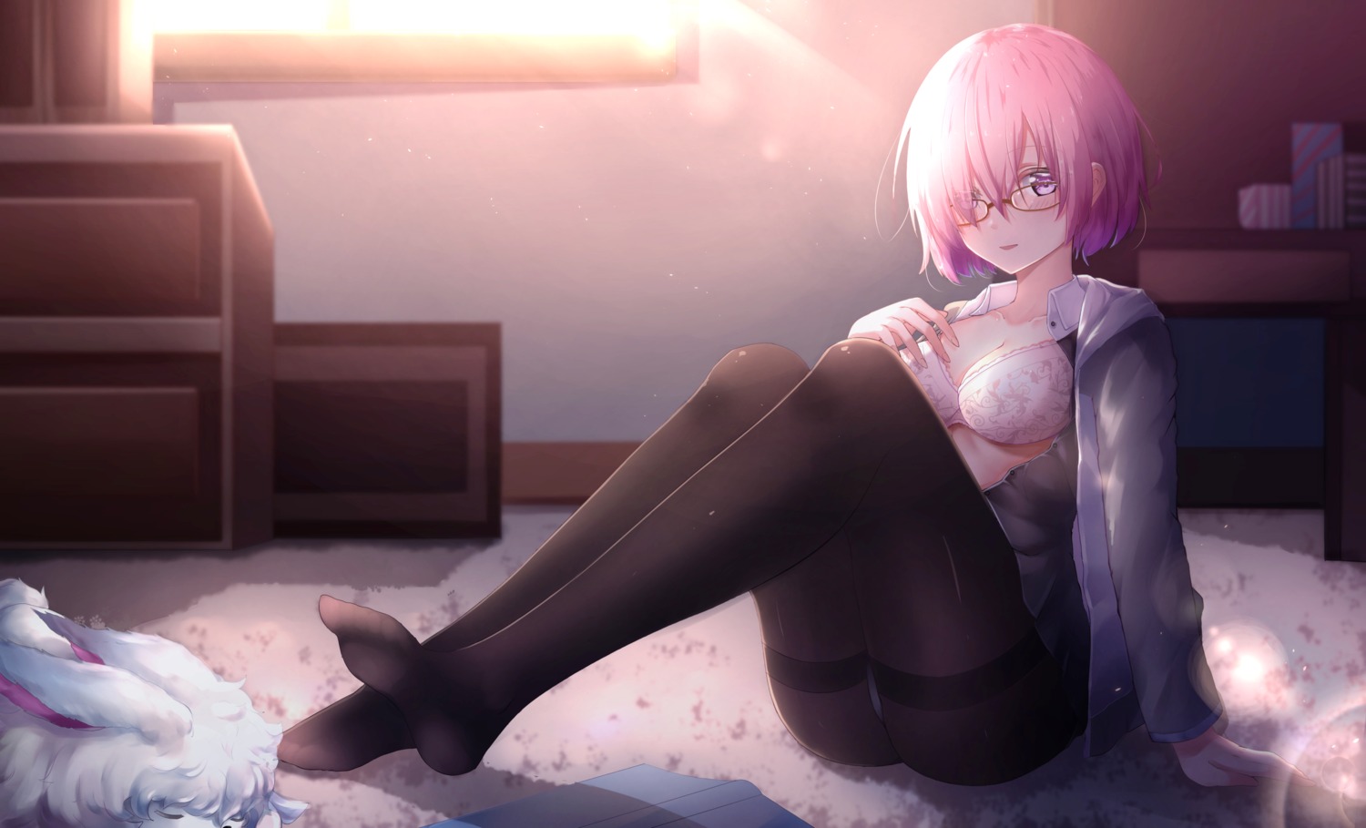 bra chahei cleavage fate/grand_order feet fou_(fate/grand_order) mash_kyrielight megane open_shirt pantsu pantyhose