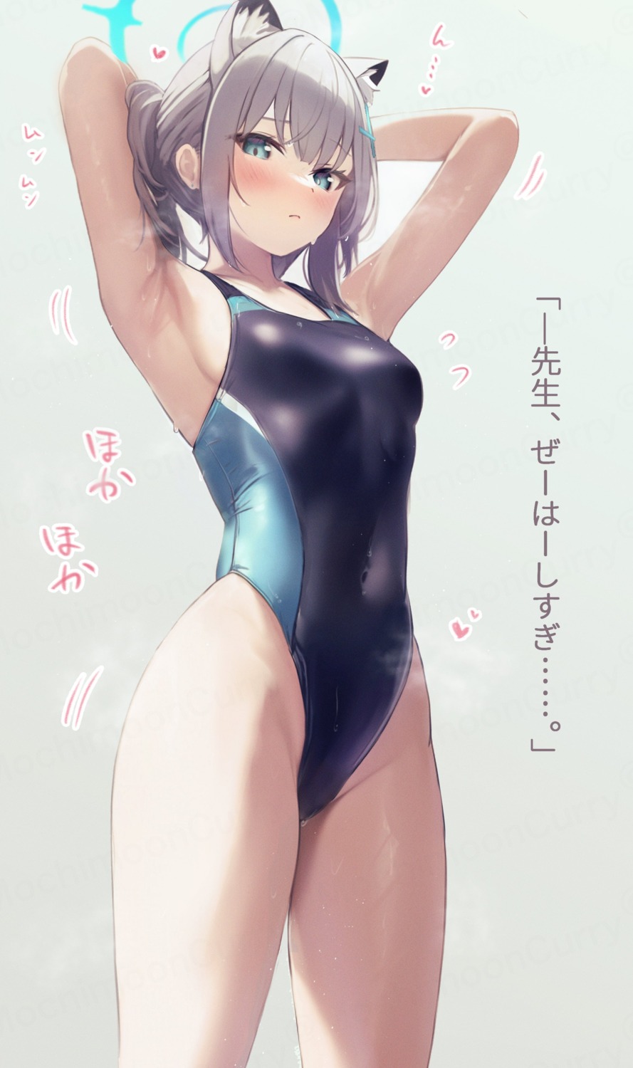 animal_ears blue_archive halo mochitsuki_karen nekomimi sunaookami_shiroko swimsuits wet_clothes