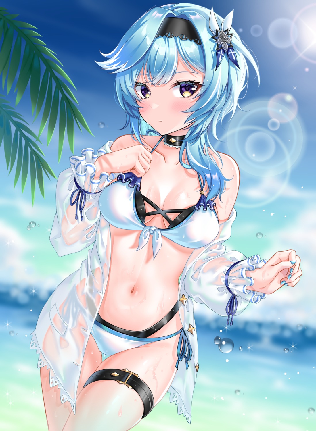 bikini eula garter genshin_impact open_shirt see_through swimsuits wet wet_clothes yuito_(yuitokobunasbs0)