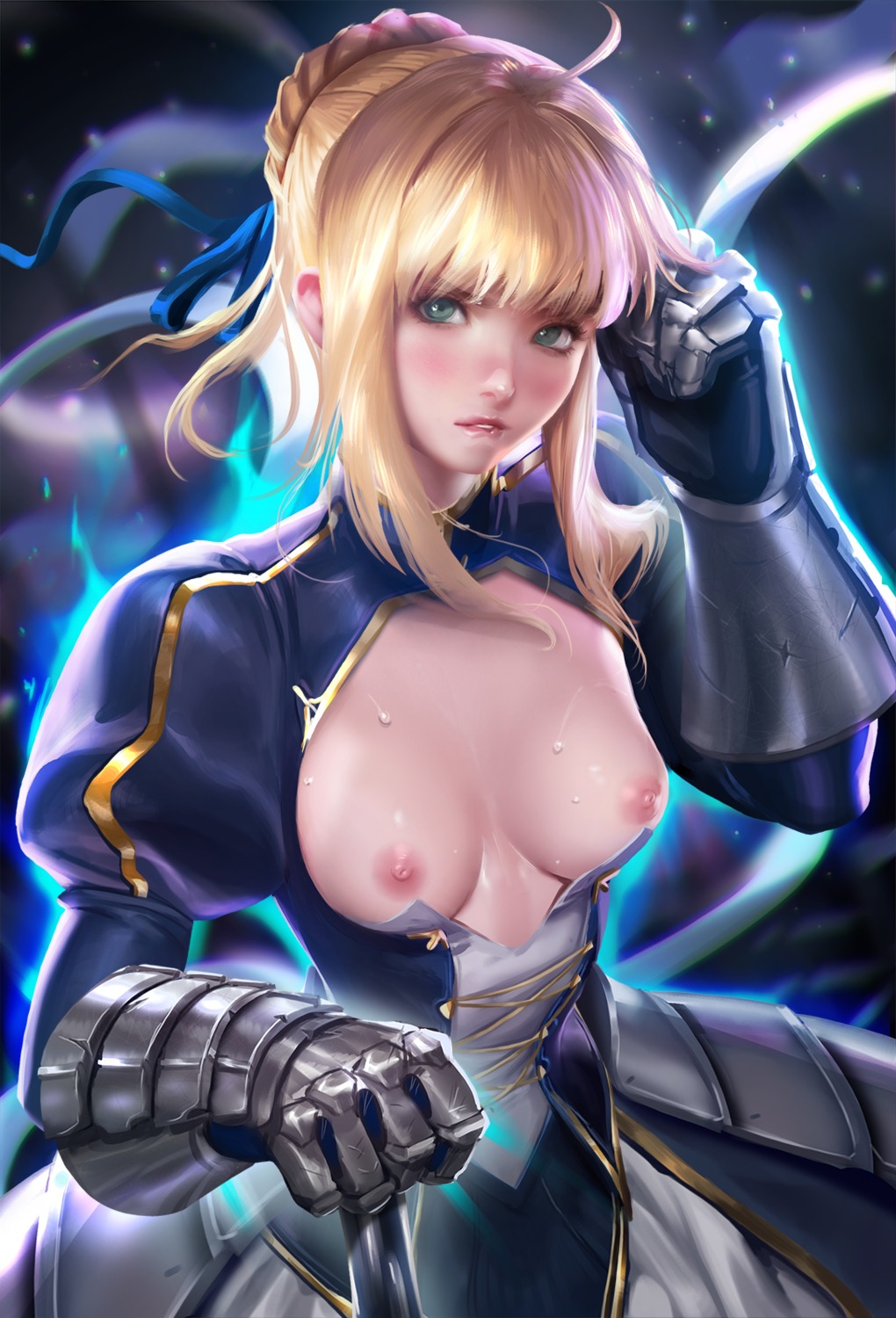 armor breasts dress fate/stay_night nipples no_bra open_shirt saber sakimichan