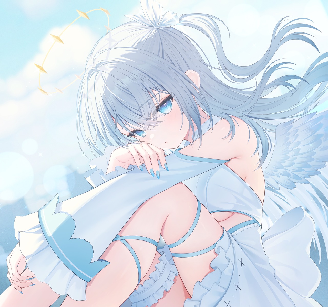 angel dress garter hiuzawa_reira no_bra snow_is underboob wings