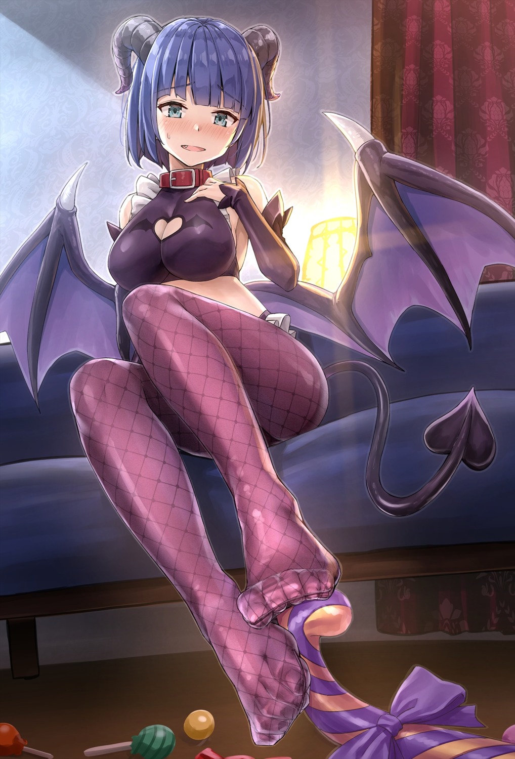 cleavage erect_nipples feet fishnets horns izumi_hina_(neet_kunoichi) kotatsu_(kotatsu358) neet_kunoichi_to_nazeka_dousei_hajimemashita pantyhose tail wings