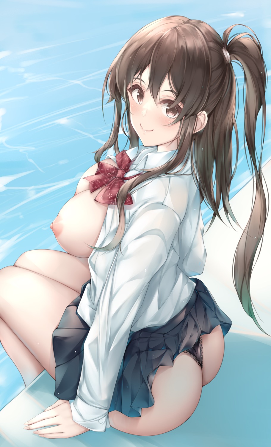 1921494015 ass breasts nipples no_bra open_shirt pantsu see_through seifuku skirt_lift thong