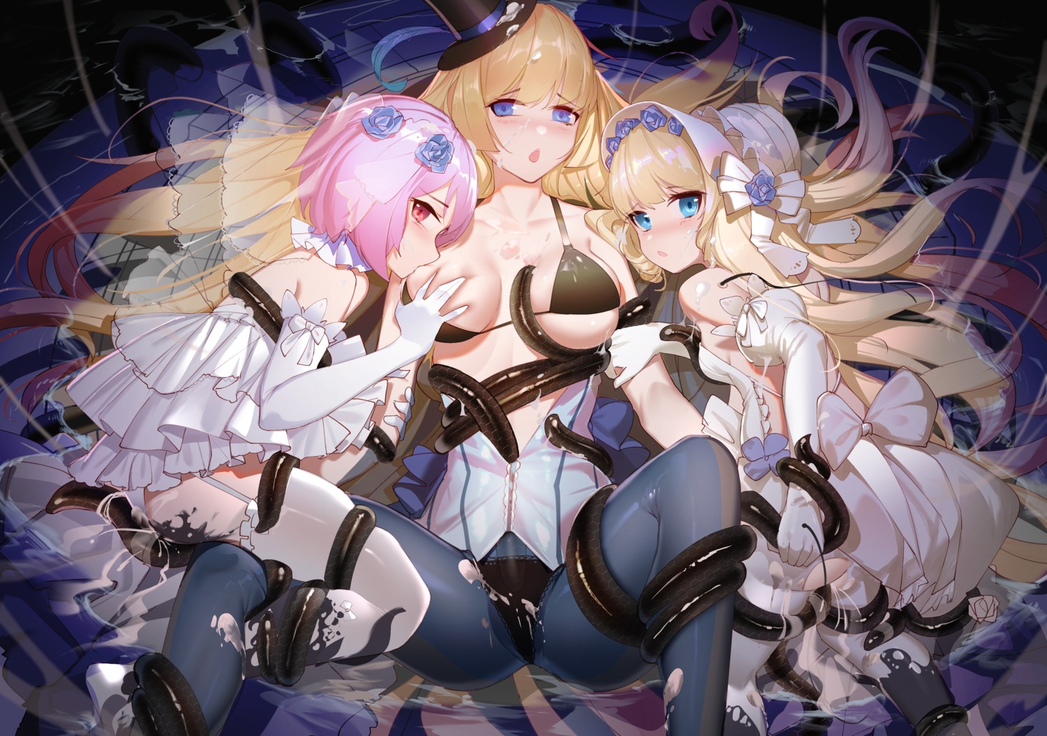 bondage bra breast_grab luomo open_shirt skirt_lift stockings tentacles thighhighs torn_clothes wet yuri