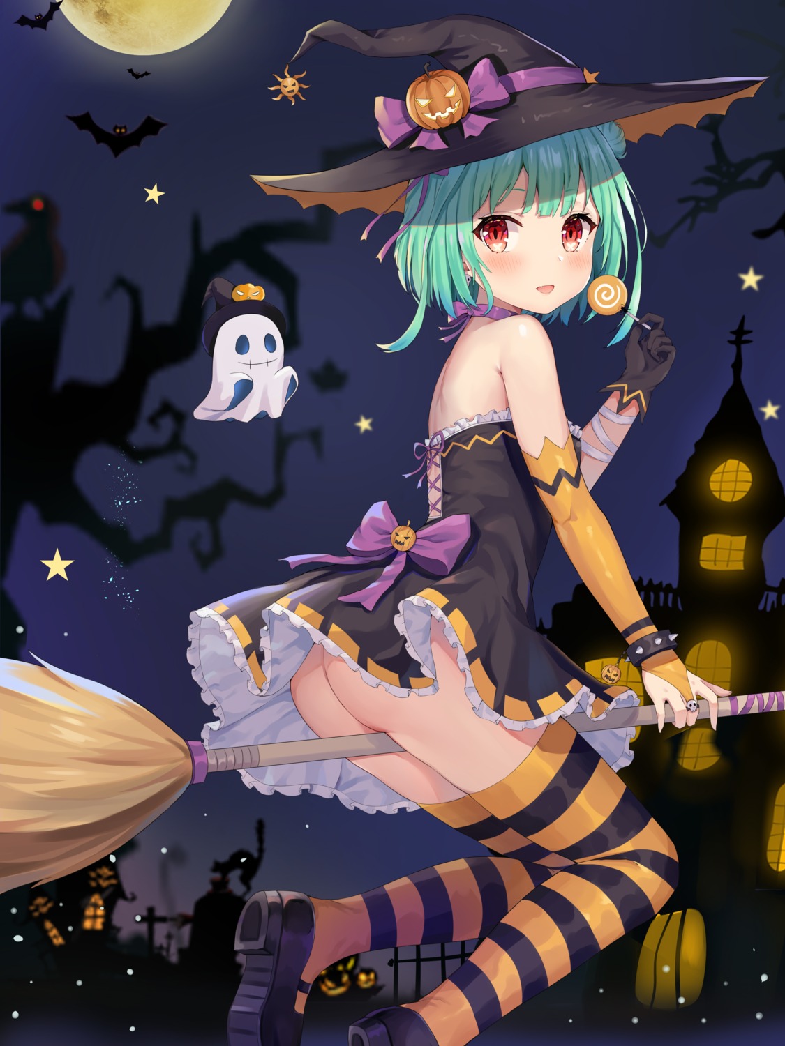 ass dress halloween heels hololive kizuna nopan skirt_lift thighhighs uruha_rushia witch