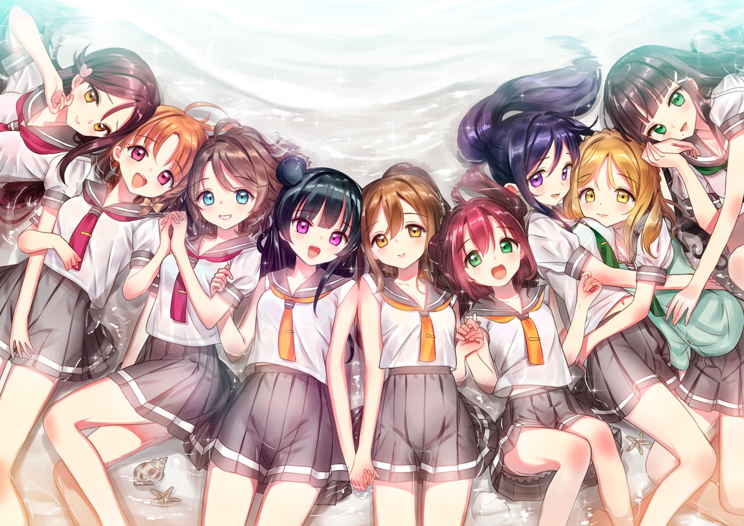 kunikida_hanamaru kurosawa_dia kurosawa_ruby love_live!_sunshine!! matsuura_kanan ohara_mari sakurauchi_riko seifuku takami_chika tsukigami_luna tsushima_yoshiko watanabe_you wet wet_clothes