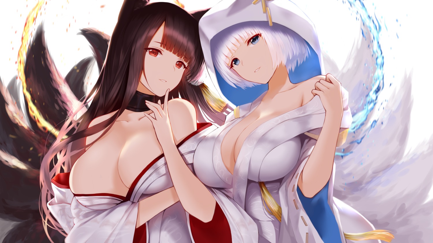 akagi_(azur_lane) an_yasuri animal_ears azur_lane breast_hold japanese_clothes kaga_(azur_lane) kitsune no_bra open_shirt tail