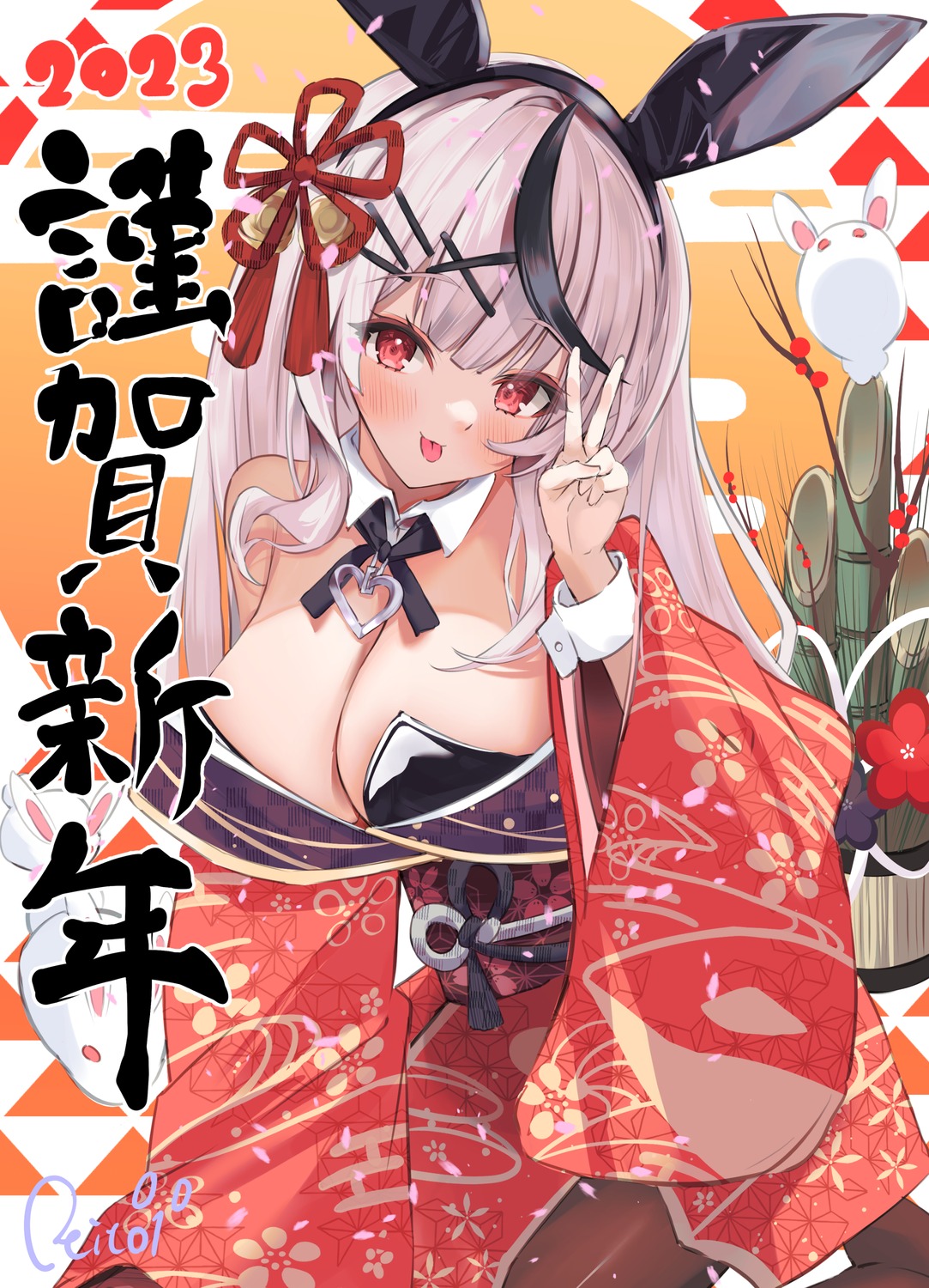 animal_ears bunny_ears kimono no_bra open_shirt pantyhose reitou_mkn