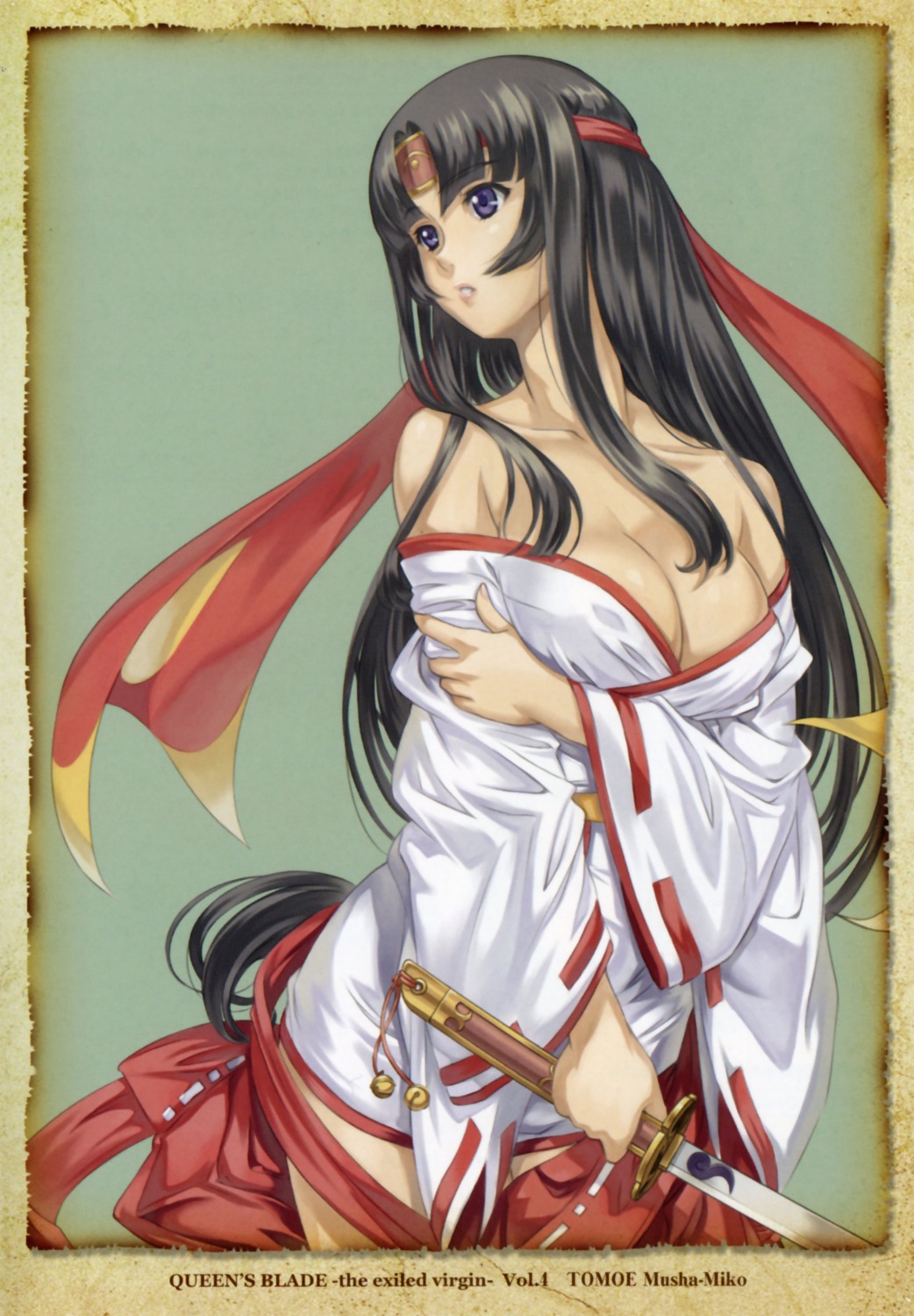 cleavage eiwa erect_nipples miko overfiltered queen's_blade sword tomoe undressing