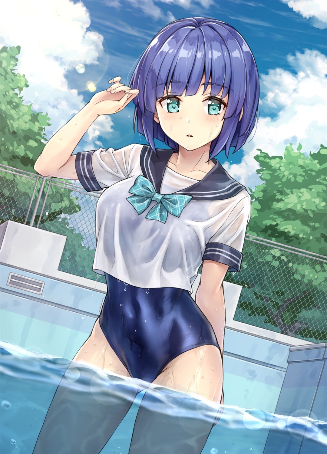 izumi_hina_(neet_kunoichi) kotatsu_(kotatsu358) neet_kunoichi_to_nazeka_dousei_hajimemashita school_swimsuit see_through seifuku swimsuits wet wet_clothes