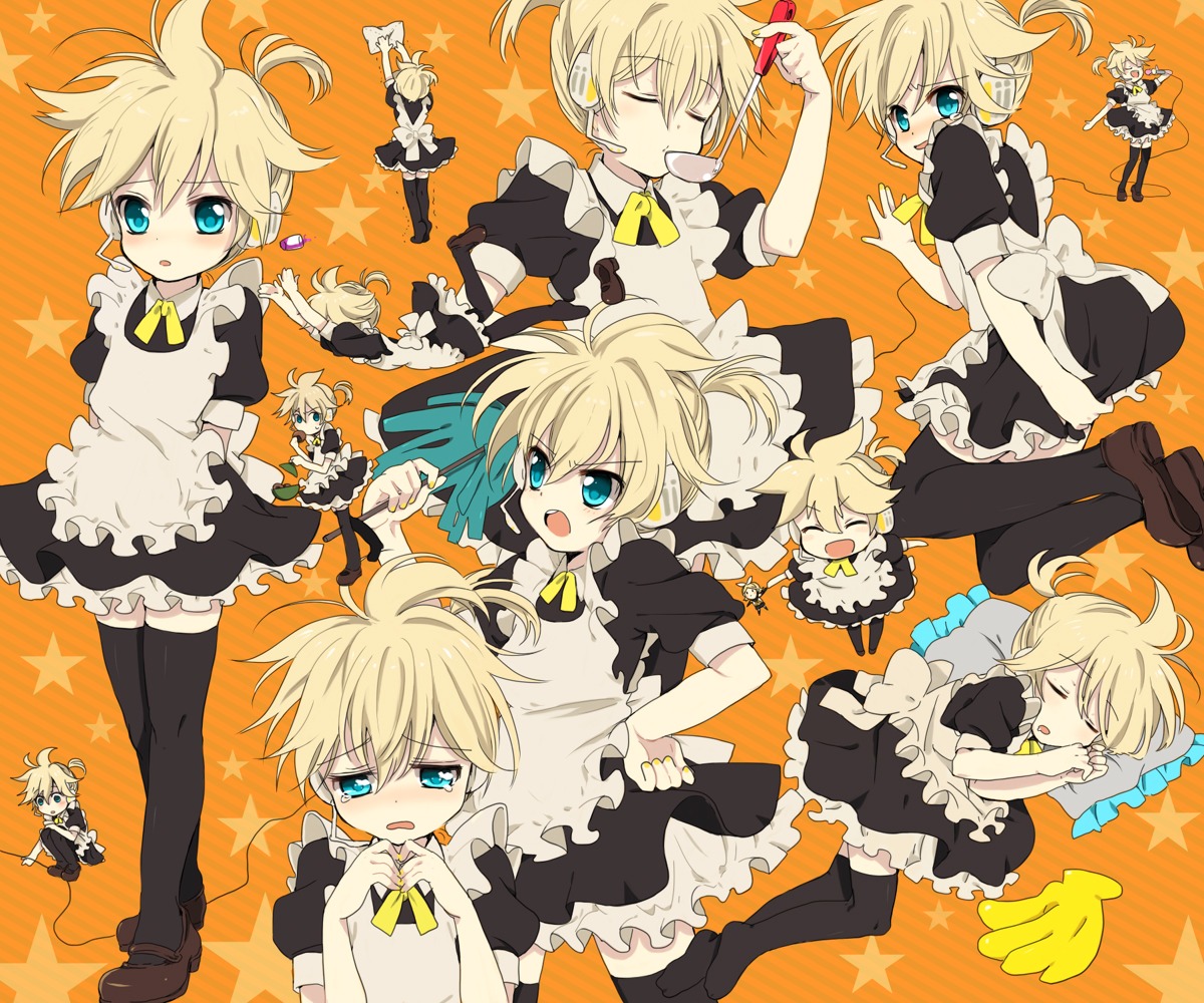 caterpillar crossdress expression headphones kagamine_len maid male thighhighs trap vocaloid