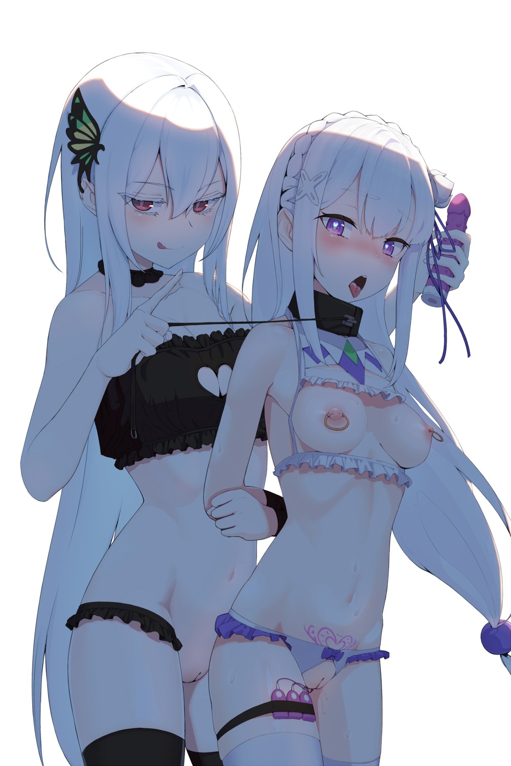 bondage bottomless bra breasts cleavage dildo echidna_(re_zero) elf emilia_(re_zero) garter misan_(dd) nipples no_bra pantsu pointy_ears pussy re_zero_kara_hajimeru_isekai_seikatsu tattoo thighhighs uncensored vibrator yuri