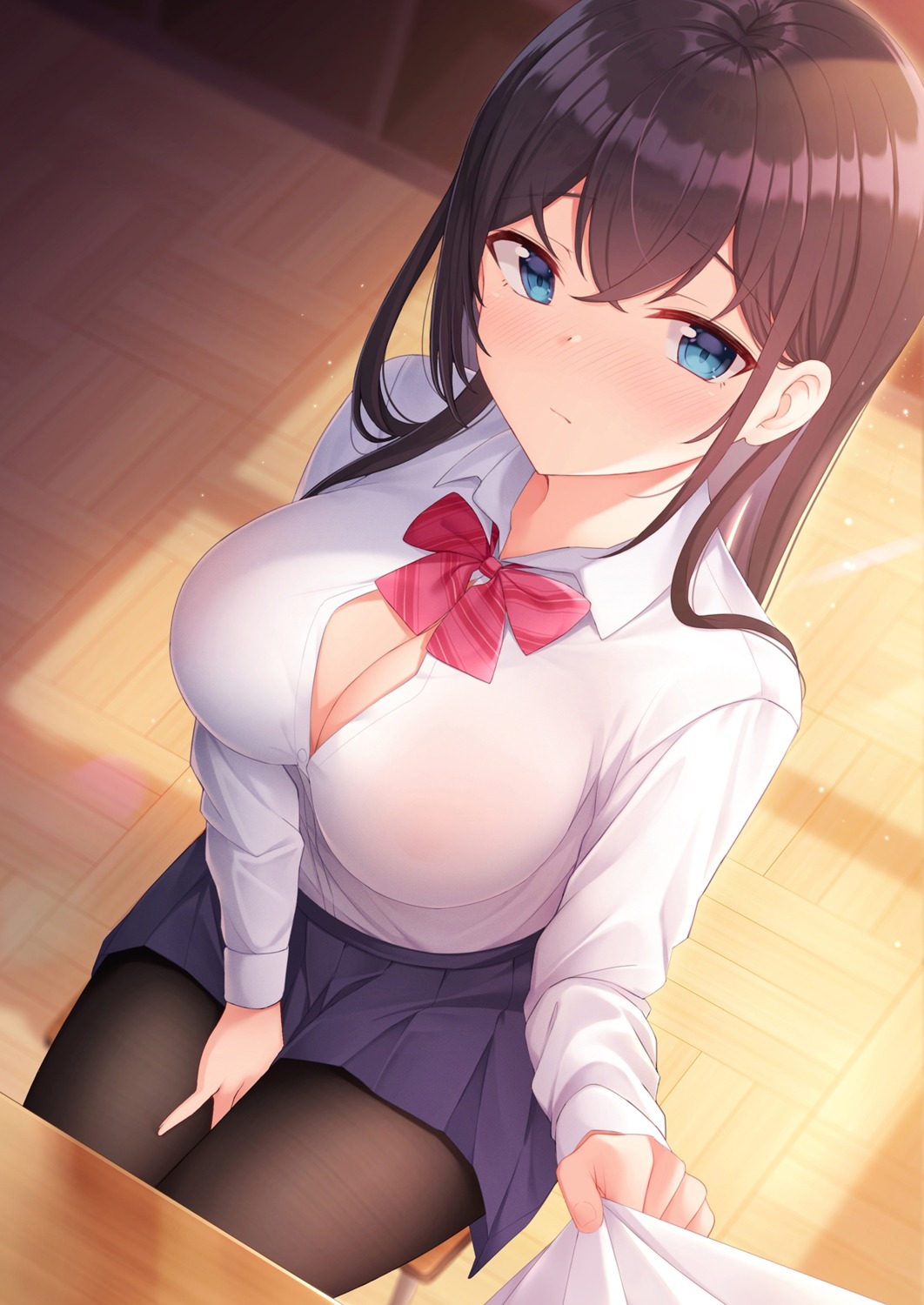 areola nekokobushi no_bra open_shirt pantyhose see_through seifuku