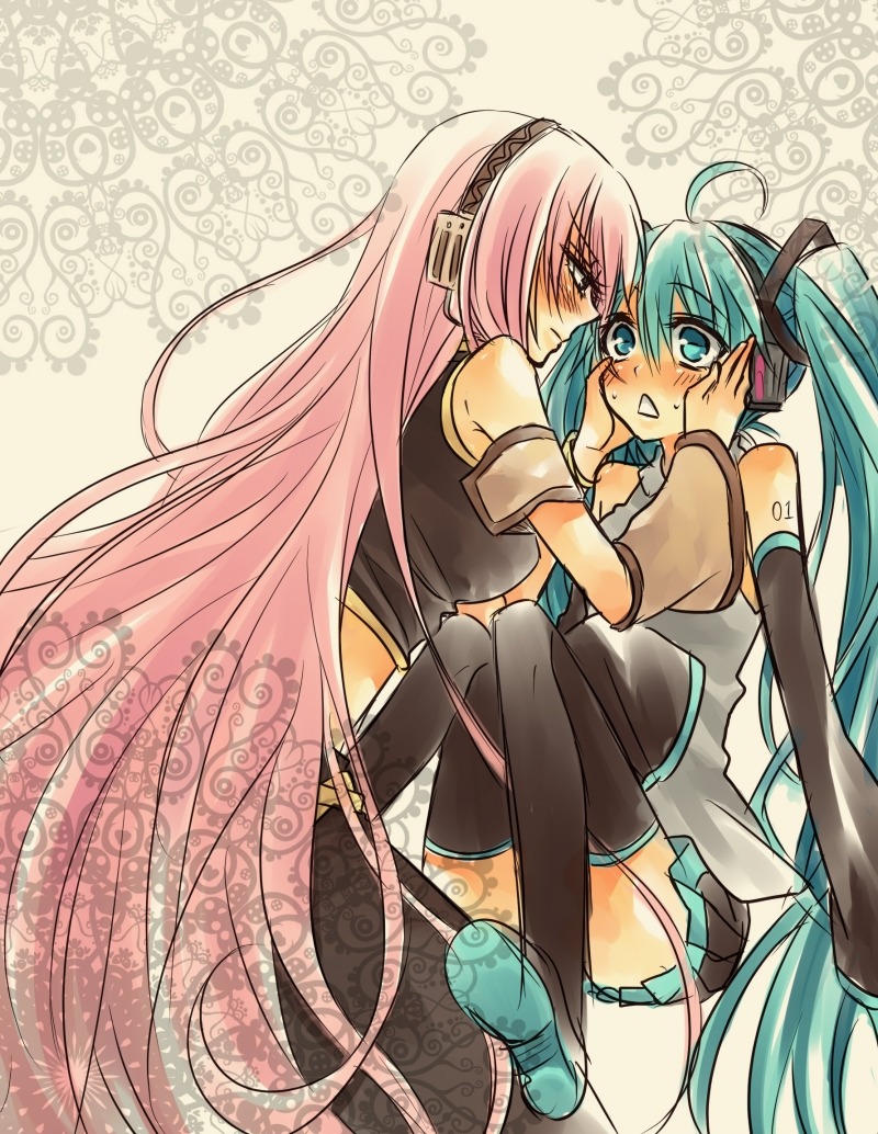 hatsune_miku megurine_luka sakuragi_mikan thighhighs vocaloid yuri