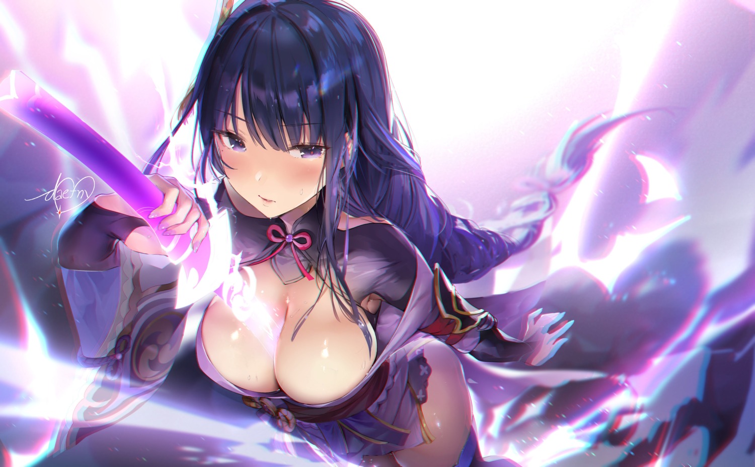 genshin_impact japanese_clothes no_bra odaefnyo open_shirt raiden_shogun sword thighhighs