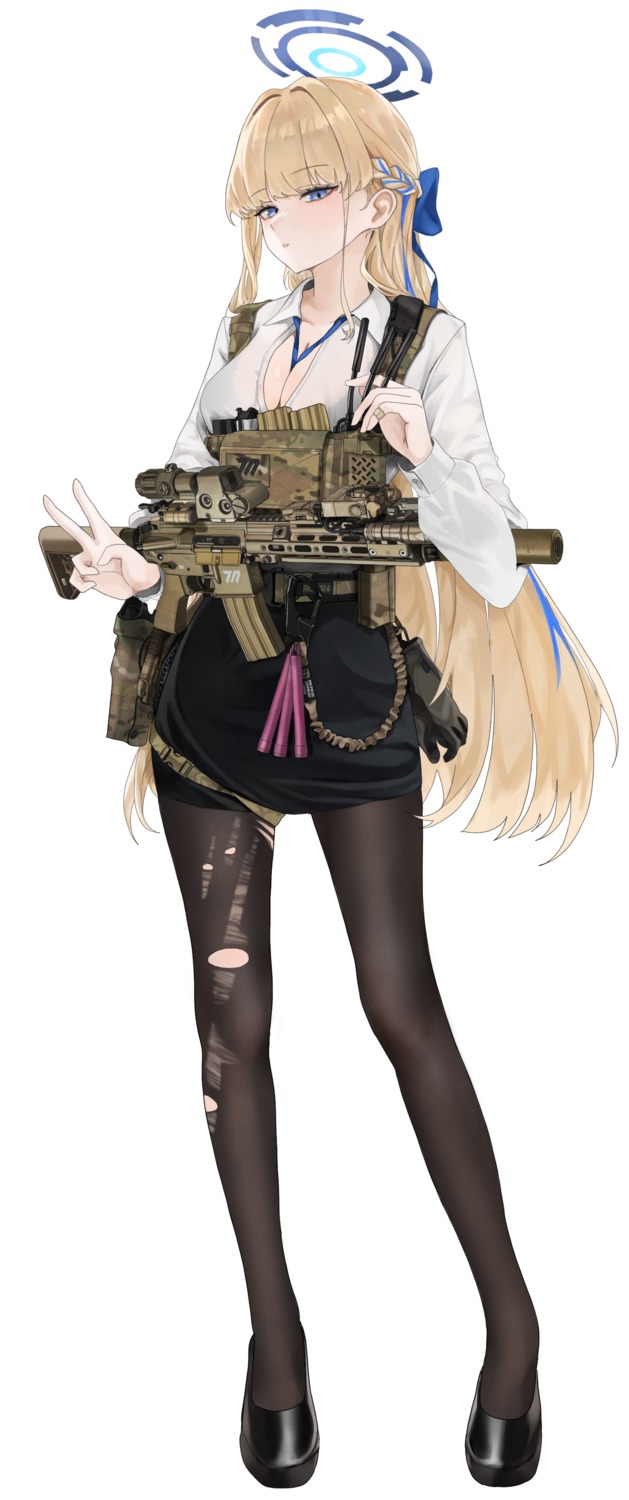 asuma_toki blue_archive cleavage dress_shirt fte_(fifteen_199) gun halo open_shirt pantyhose torn_clothes