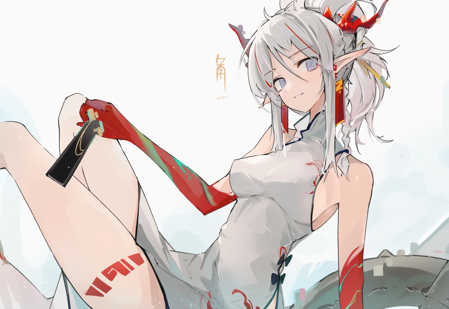 arknights chinadress horns mikojin nian_(arknights) pointy_ears skirt_lift tattoo