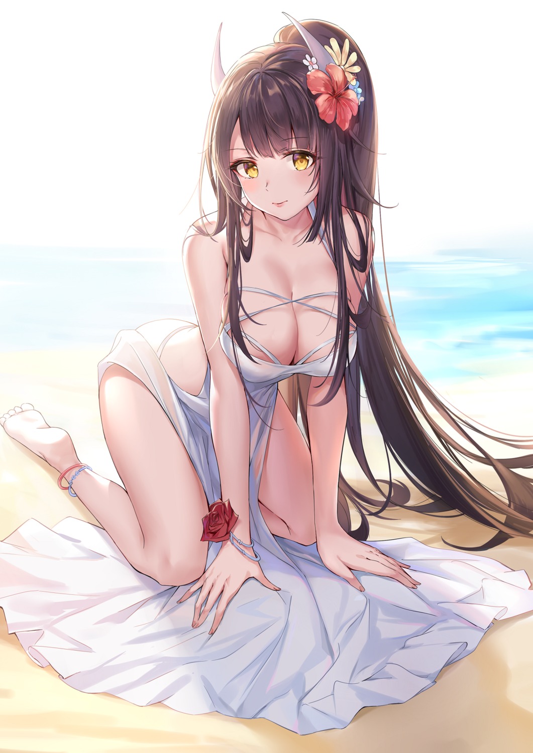 artist_revision azur_lane cleavage dress hiei_(azur_lane) horns pdxen see_through swimsuits