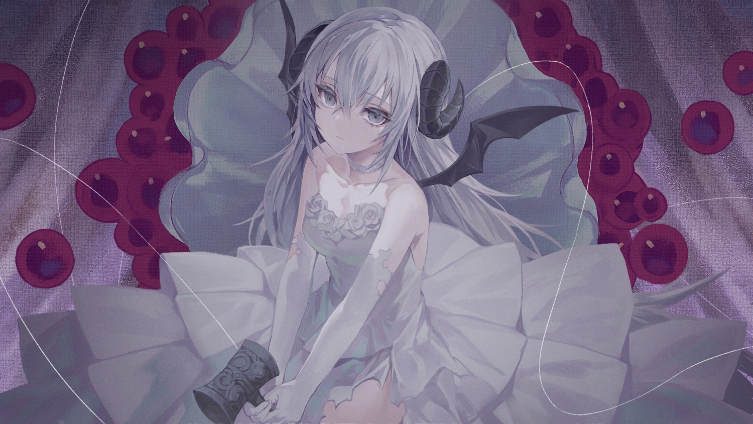 dress horns indie_virtual_youtuber kiriyama2109 mada_asumosu no_bra torn_clothes weapon wings