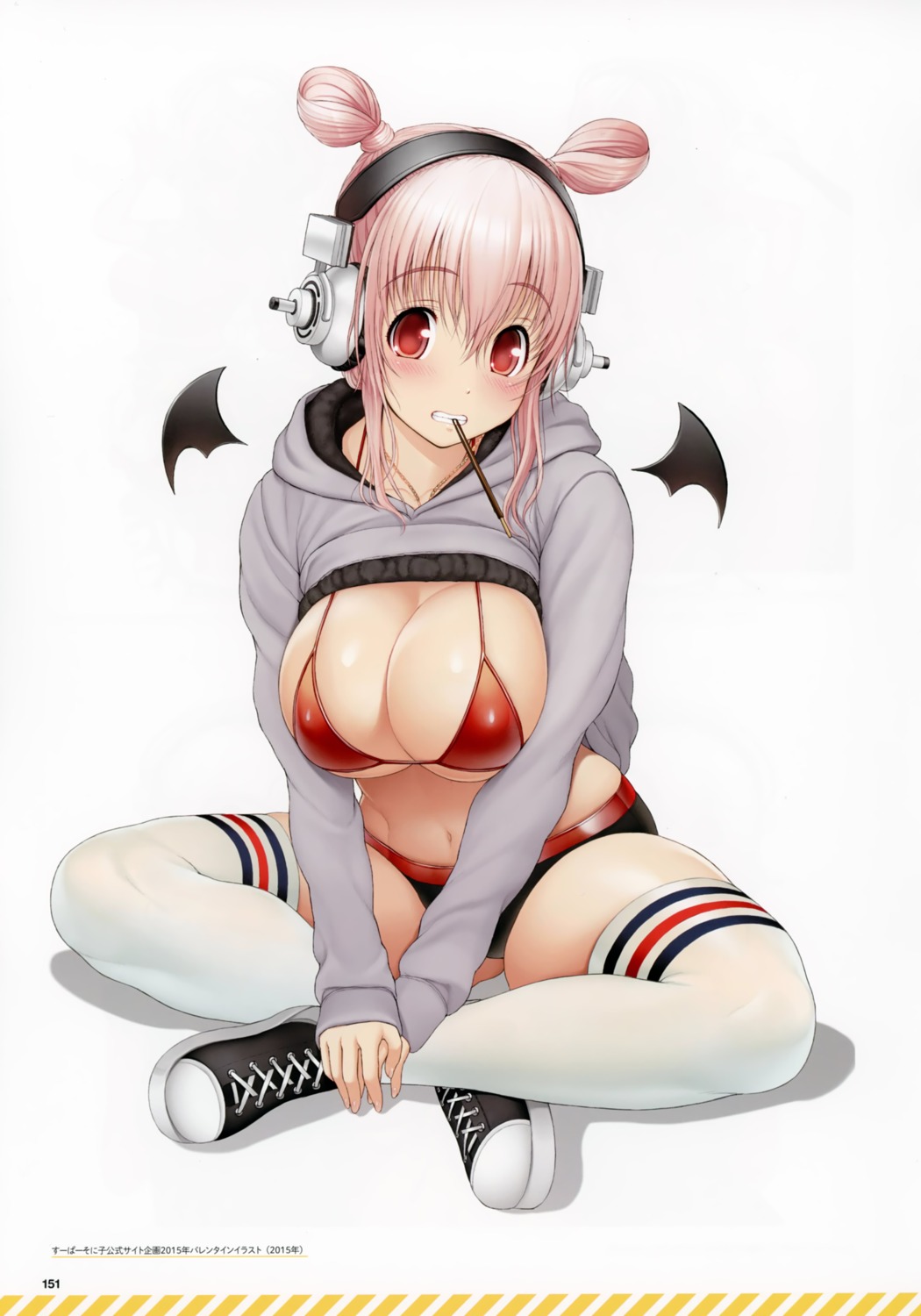 bikini bleed_through cleavage headphones nitroplus scanning_dust shirt_lift sonico super_sonico swimsuits thighhighs tsuji_santa underboob valentine wings