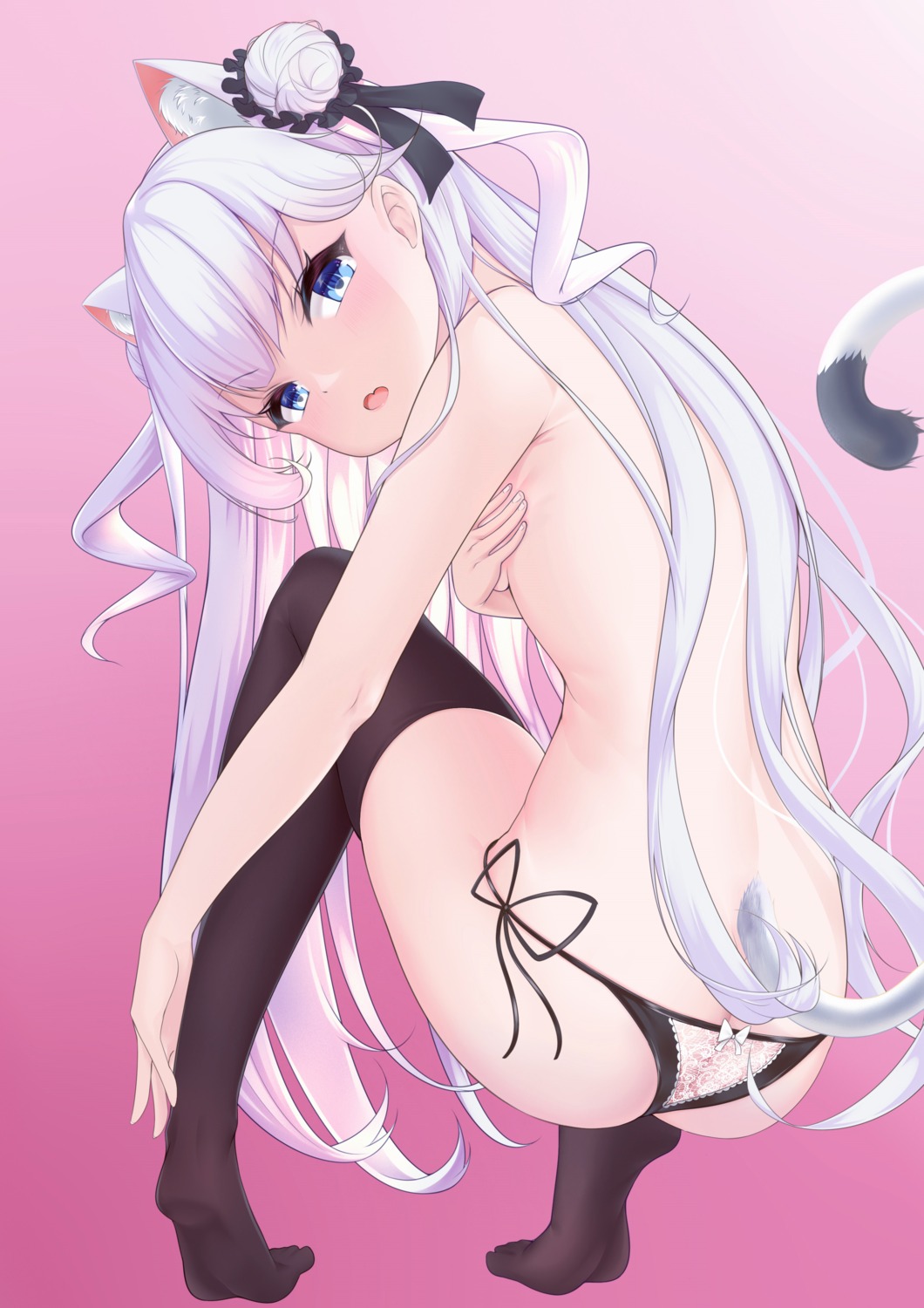 animal_ears ass breast_hold mikawa_sansen nekomimi pantsu string_panties tail thighhighs topless