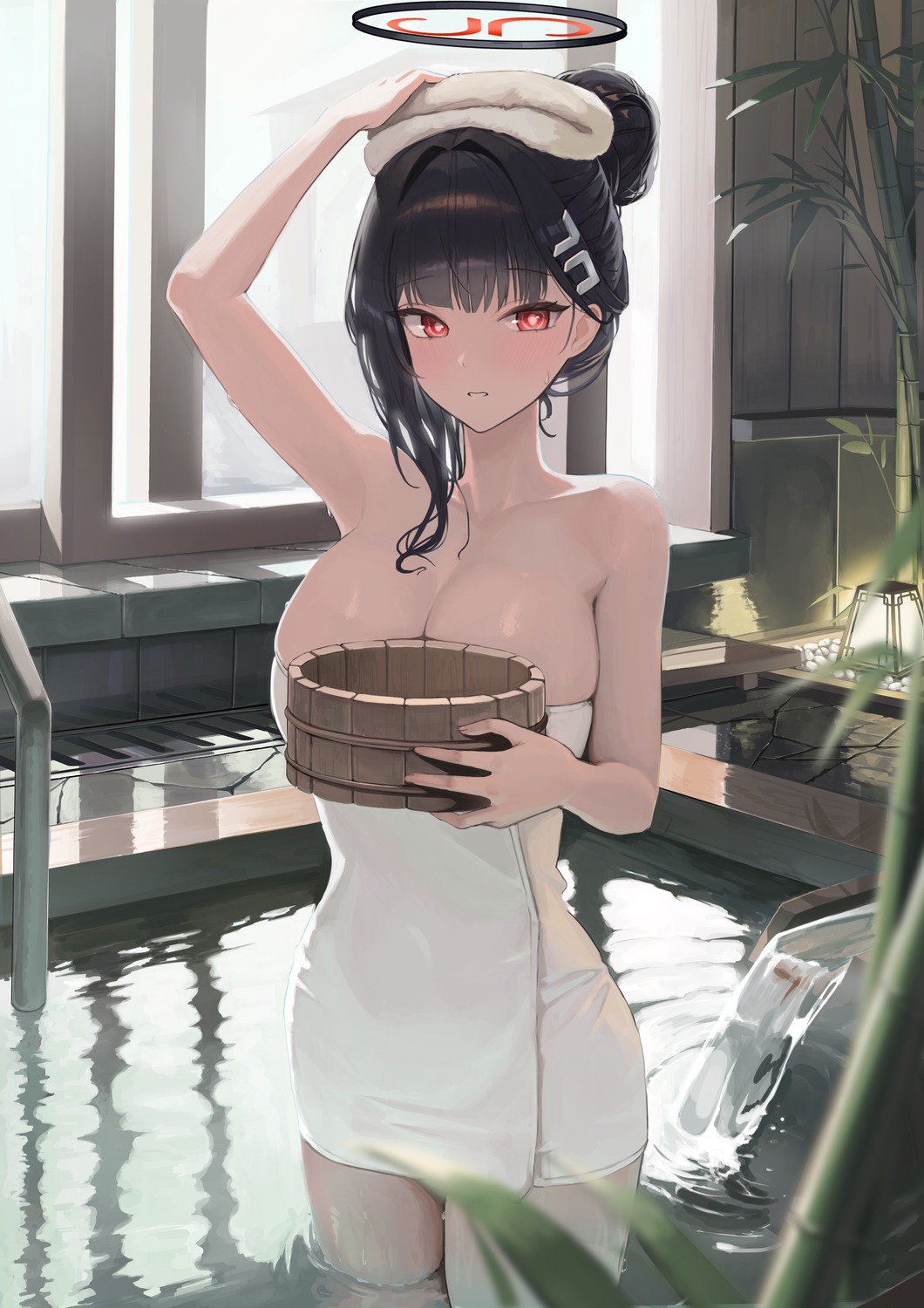 blue_archive hallo_(rltkdydrltk) halo towel tsukatsuki_rio wet