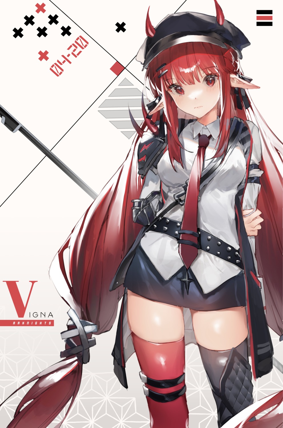 arknights garter hatachi8p horns pointy_ears thighhighs vigna_(arknights) weapon