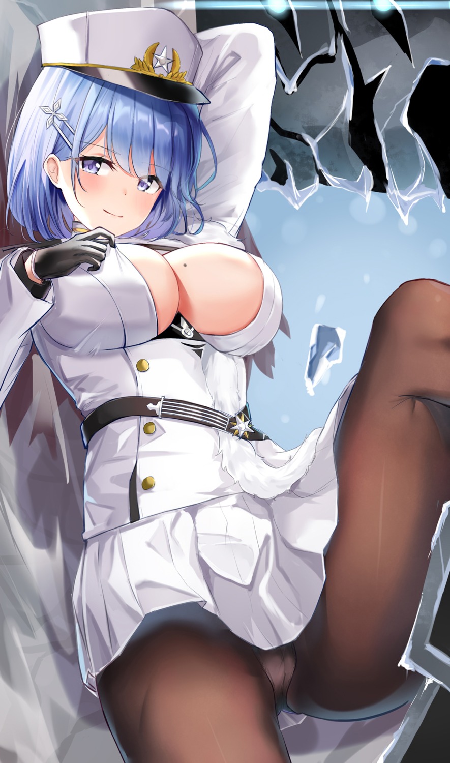 azur_lane chapayev_(azur_lane) eric_(tianqijiang) no_bra open_shirt pantsu pantyhose skirt_lift uniform