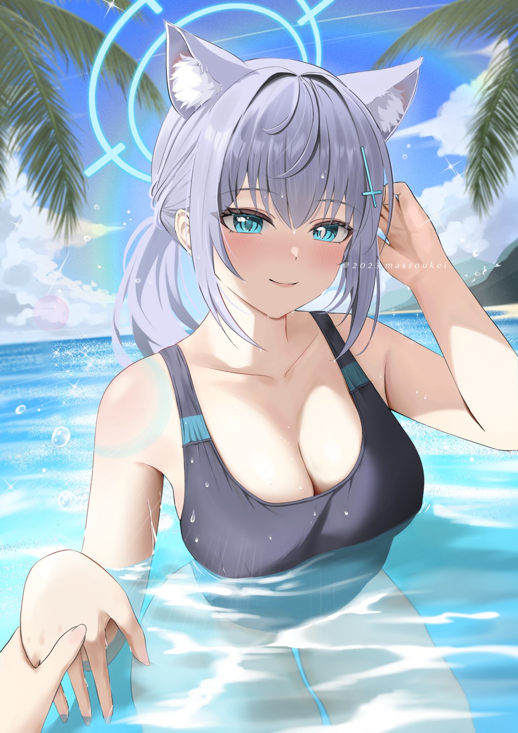 animal_ears blue_archive halo massoukei nekomimi sunaookami_shiroko swimsuits wet