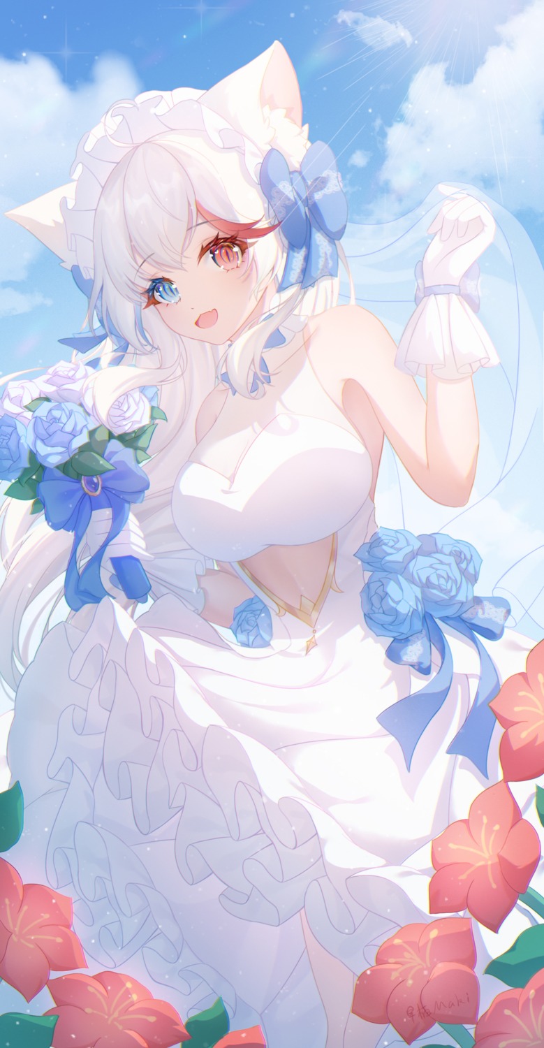 animal_ears dress heterochromia makix nekomimi no_bra see_through skirt_lift wedding_dress