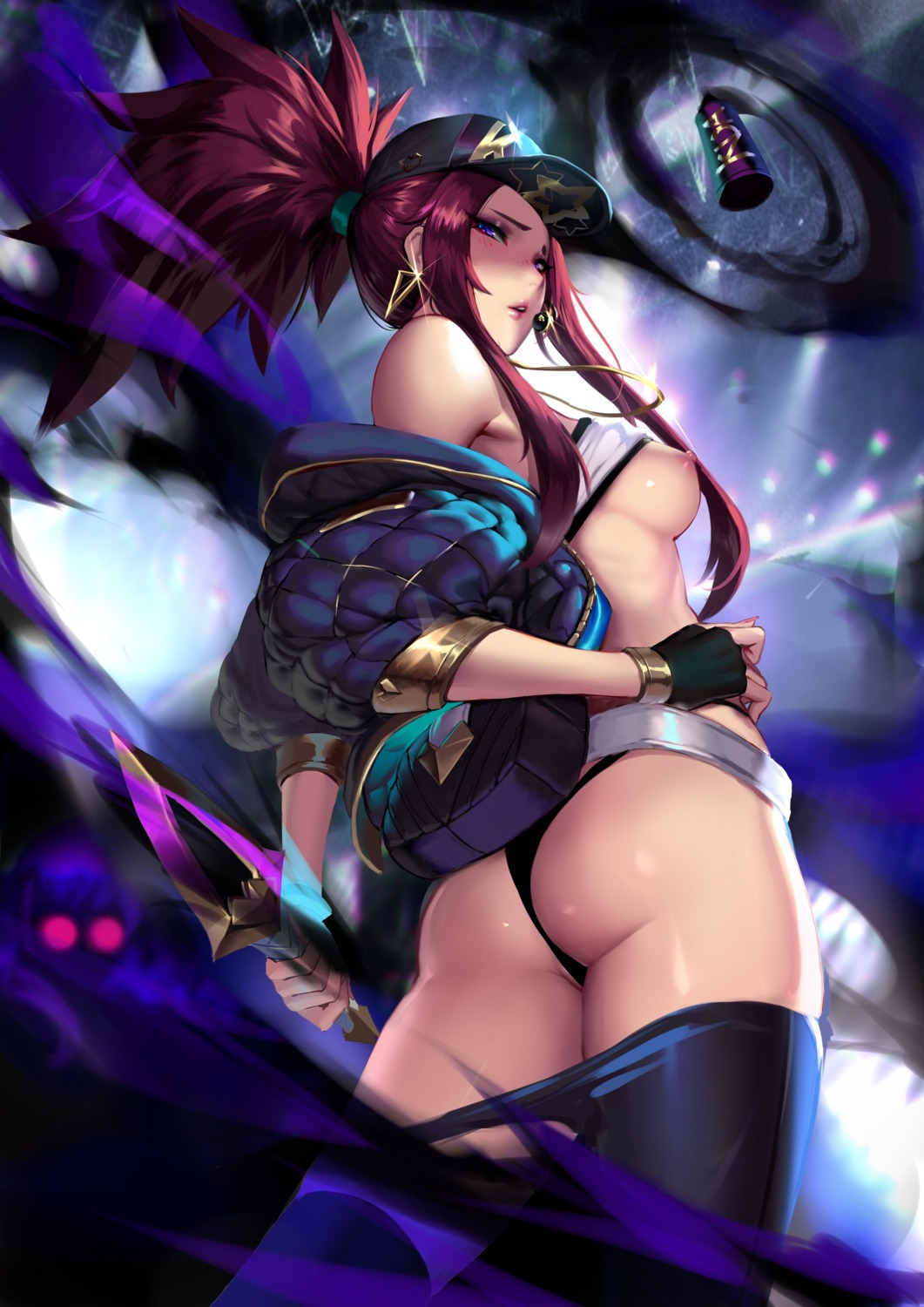 akali ass breasts cianyo league_of_legends nipples no_bra open_shirt pantsu shirt_lift thighhighs thong torn_clothes weapon