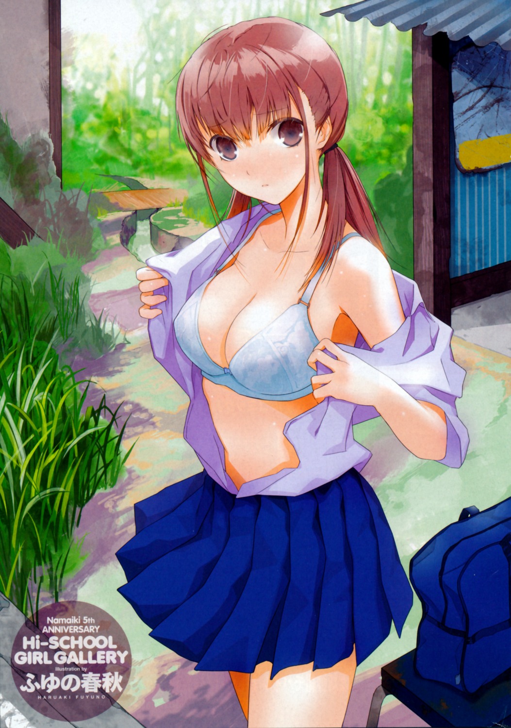bleed_through bra cleavage fuyuno_haruaki open_shirt seifuku undressing