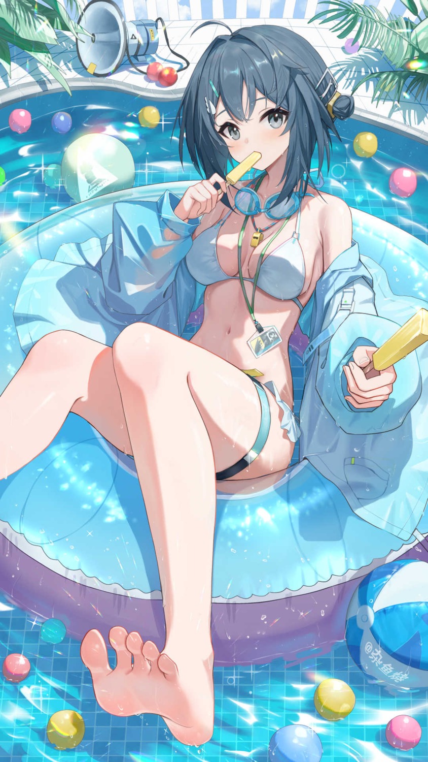 arknights bikini feet garter la_pluma_(arknights) open_shirt see_through swimsuits wet wet_clothes zayur