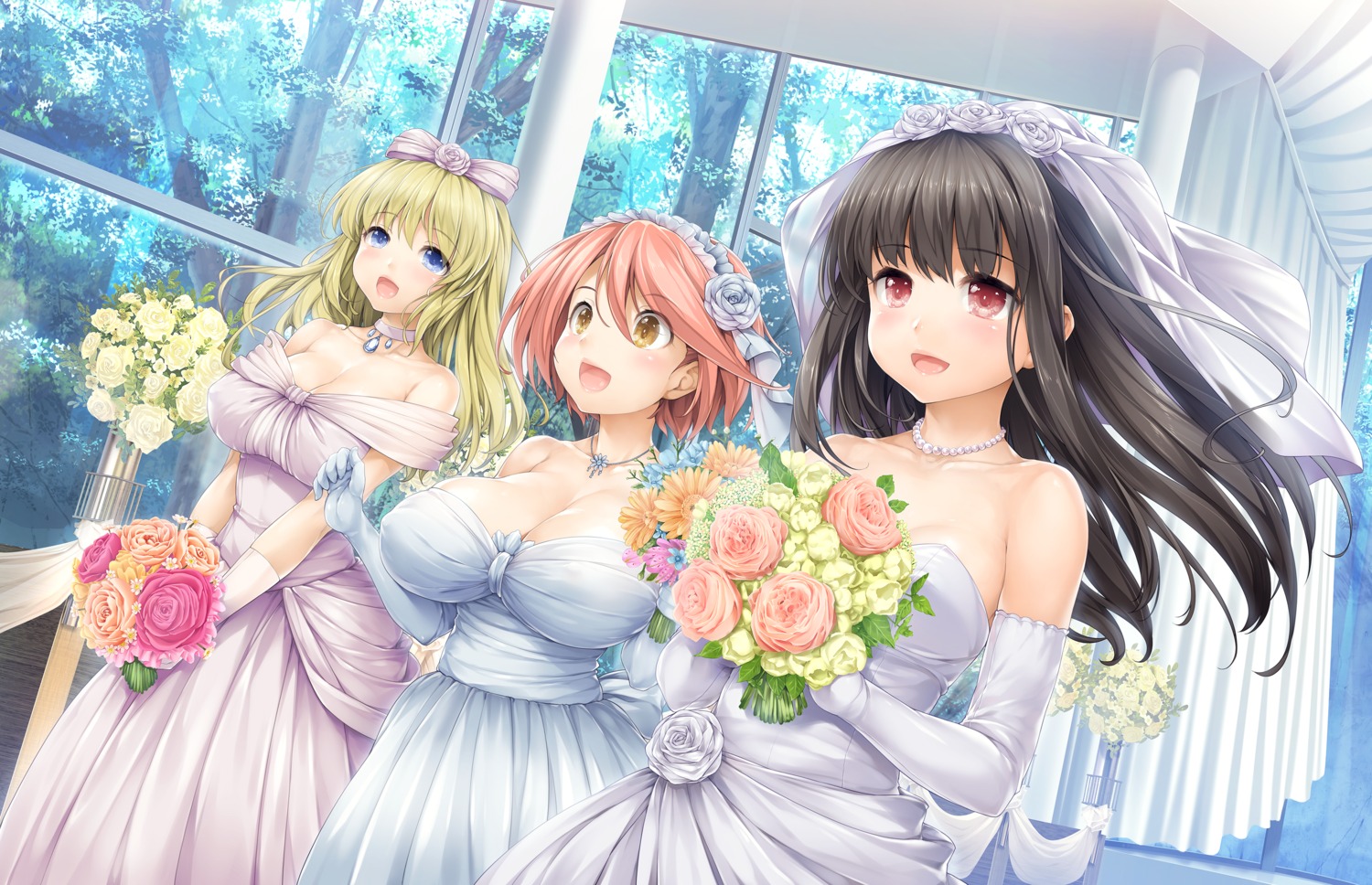 amabane_nodoka cleavage dress game_cg higashibojo_akira ishikei love³_-love_cube- neko_work_h shitaka_iori wedding_dress