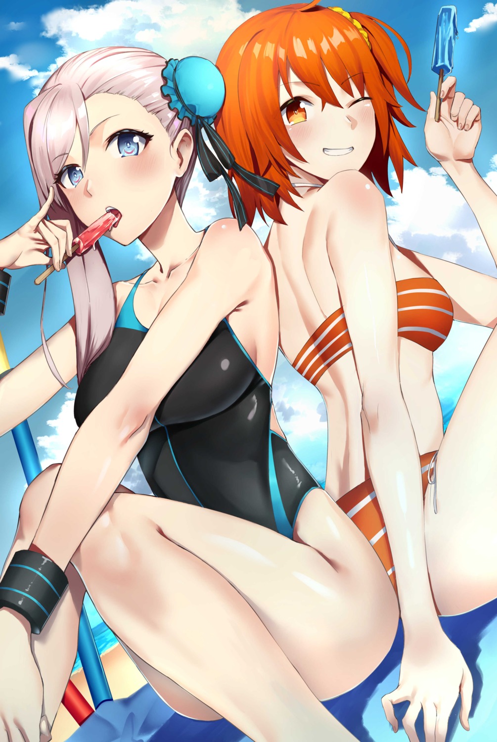 bikini fate/grand_order fujimaru_ritsuka_(female) miyamoto_musashi_(fate/grand_order) rororo swimsuits