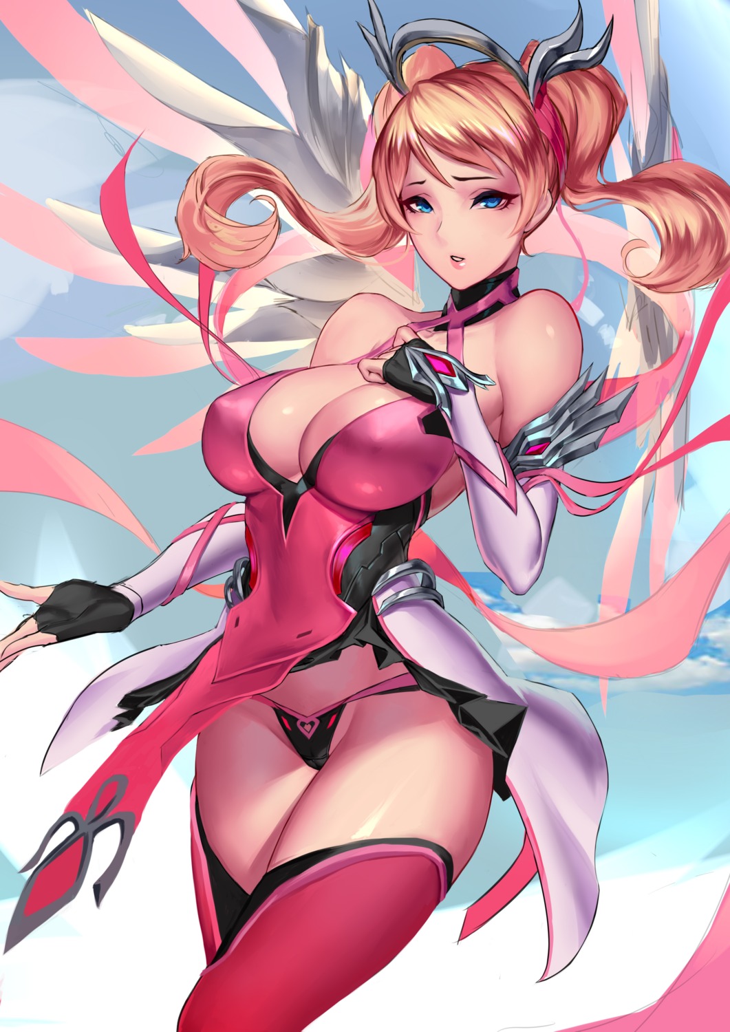 cianyo cleavage dress erect_nipples mercy_(overwatch) overwatch pantsu thighhighs wings