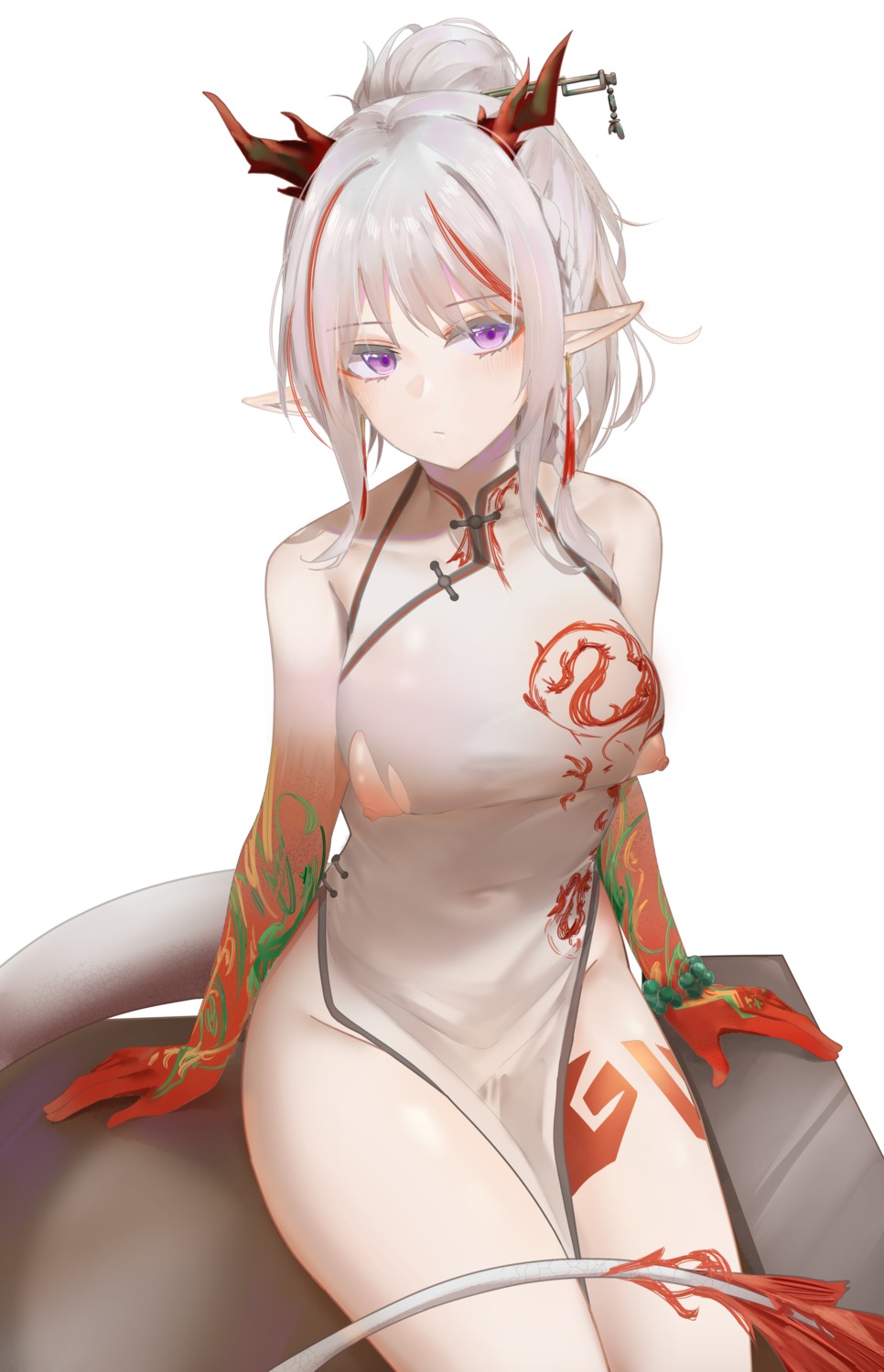 arknights chinadress horns nian_(arknights) nipples no_bra pointy_ears ru_zhai tail tattoo torn_clothes