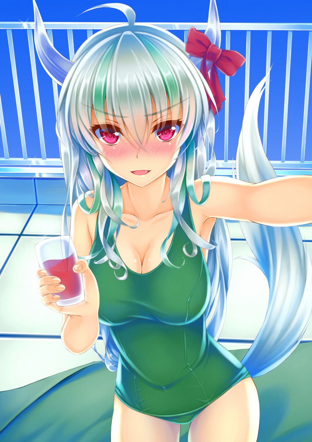 cleavage ex_keine horns kamishirasawa_keine kitou_kaitai school_swimsuit swimsuits tail touhou