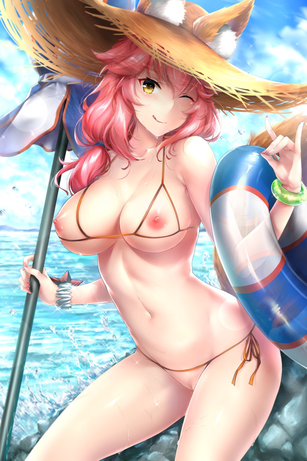 animal_ears bikini fate/grand_order nipples pussy rei_kun swimsuits tail tamamo_no_mae uncensored