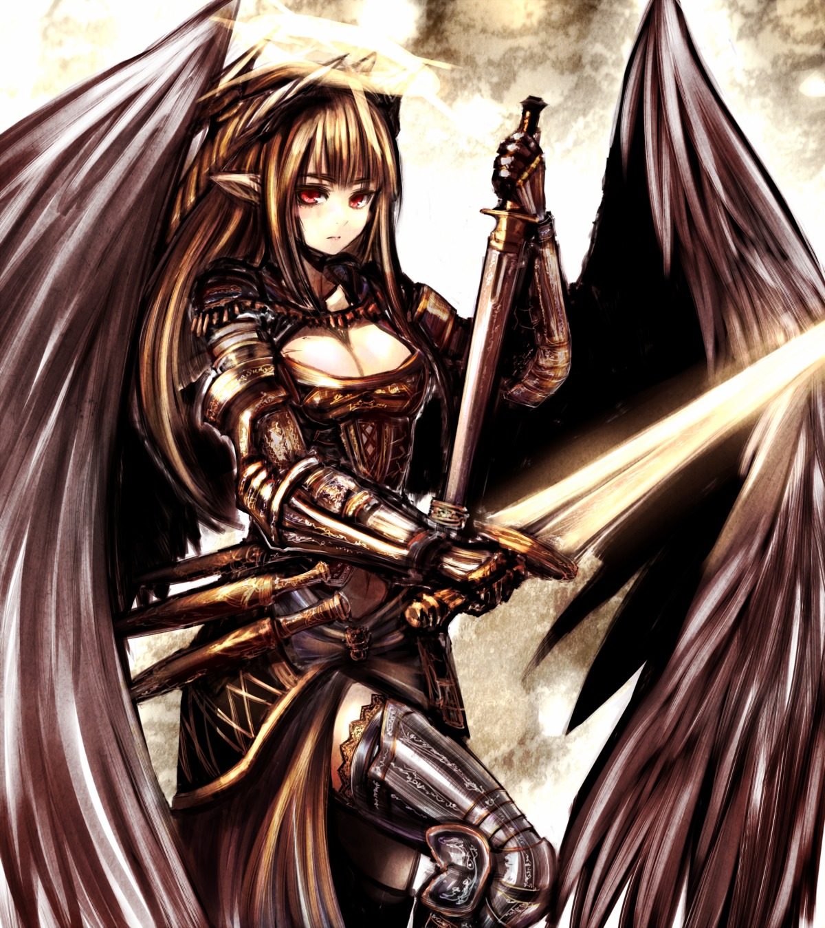 armor cleavage elf kotoba_noriaki pointy_ears sword thighhighs wings