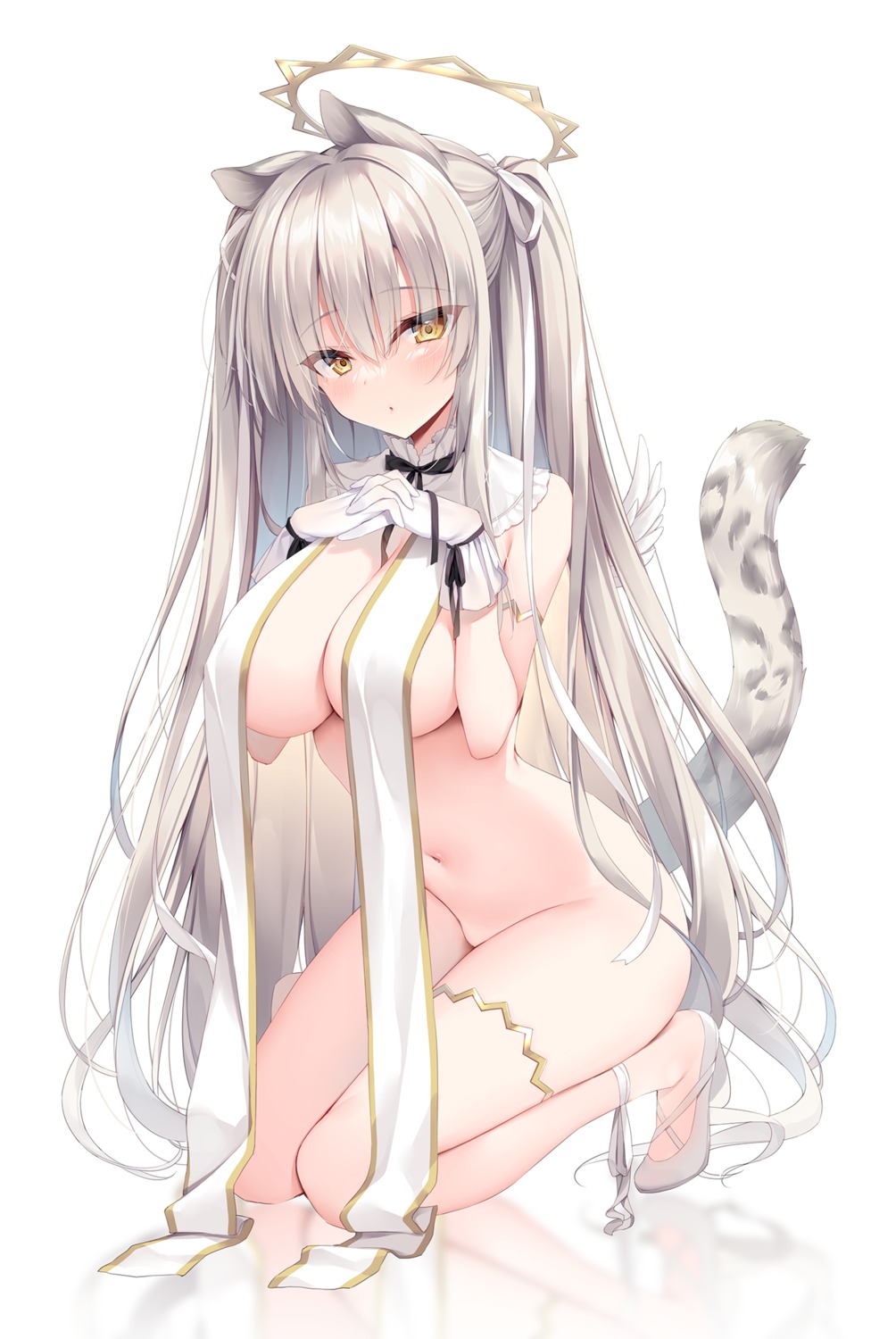 angel animal_ears bottomless breast_hold erect_nipples garter nekomimi no_bra tail yatanuki_kei